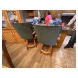 Pair Counter Height Wood Stools w/plush green upho Pair Counter Height Wood Stools w/plush green upho