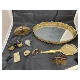 Vanity Tray w/ vintage powder box, hairbrush