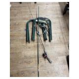 2 folding camp stools w/fishing rod & reel