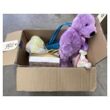 Box of asstd. Plush toys, bag ,party plates