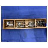 Wood Divided Box w/4 Assorted Fishing Reels