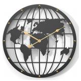 Large World Map Wall Clock, Black Metal Battery Po