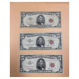 3 - Red Seal $5 Bills