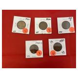 5 Pcs - Wheat Pennies 1926 VF - 1929 D VG+