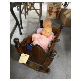 Wooden Doll Cradle w/2 Dolls & Lighted Dog