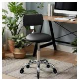 Rolling Stool Chair w/Wheels - PU Leather, Black,