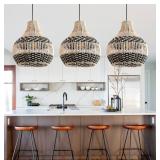 3 Pack Fax Rattan Pendent Light Fixture - Black/Wh
