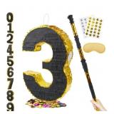 20" Number 3 Pinata, Gold/Black With 30" Pinata