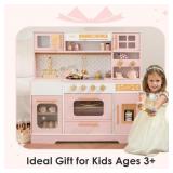 Pink Wooden Play Kitchen for Kids, Realistic