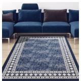 Alfombras Modern Bordered Non Slip Rug - Navy Blue