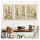 3 Pcs Framed Neutral Vintage Wildflower Wall Art -