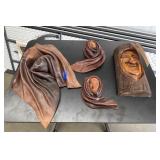 4 Pcs - 3 Leather Sculptures & Wood Carving