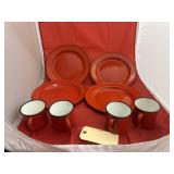 8 Pcs - Red Enameled Coffee Cups & Plates