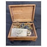 Wooden Jewelry Box w/Belt Buckle & More