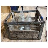 Wood Milk Crate w/Assorted Glass Milk Bottles