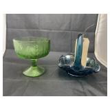 2 Pcs - Blue Glass Basket & Green Compote