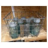 Metal Basket w/7 Ball Mason Jars w/Metal Lids