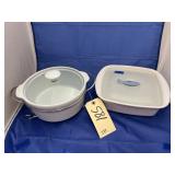 Crock Bowl w/Lid in Stand & Corningware Dish
