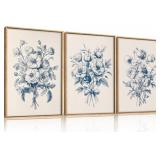 3 PC KAIRNE Navy Blue Floral Framed Canvas Wall Ar