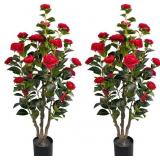 3.4ft Artificial Camellia Tree | Red Flowers & Gre