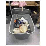 Assorted Household Cleaning Supplies in Bin