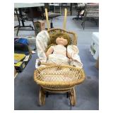 Wicker Doll Carriage w/Doll & Accs