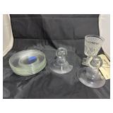 Pair Glass Candle Holders - Goblet - 8 Saucers