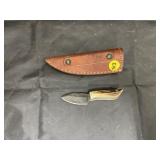 Damascus 2" Fixed Blade Knife in Leather Sheath