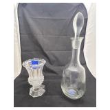 Etched Glass Decanter w/Stopper & Crystal Vase