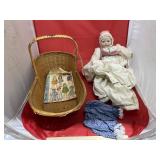 Wicker Basket w/Porcelain Doll - Doll Clothes