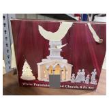 White Porcelain Lighted Church 8 Pc Set in box