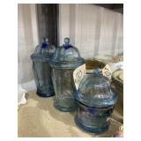 3 Pcs - Blue Glass Canisters w/Lids