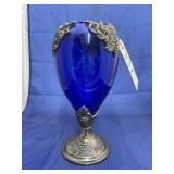 Silver Toned & Cobalt Glass Vase
