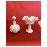 Fenton Hobnail Milk Glass Compote & Cruet