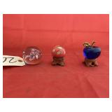 Blue Glass Apple on Stand & 2 Art Glass Orbs