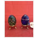 2 Eggs on Stands - Cobalt & Green Cut to Clear