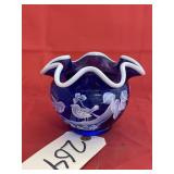Fenton Cobalt Hand Painted Ruffled Vase