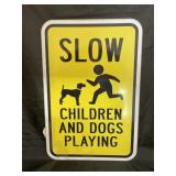 Metal "Slow Children & Dog" Sign 12"x18"