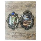2 - Oval Gold Toned Framed Art 6"x9" & Smaller