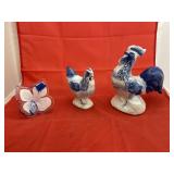 Porcelain Hen - Rooster - Blown Glass Flower