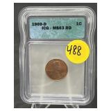 1969 D Penny ICG-MS63 RD.