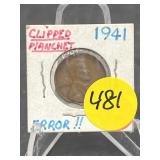 1941 P Penny Clipped Planchet Error.