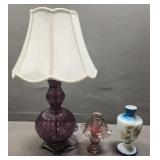 Blue Vase/ Pink Glass Candle Holder/ Purple Lamp