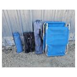 2 Blue Cots, Chair, Tent, 2 Black Chairs