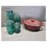 Cast Iron Enamel  Baking Dish/ Teal Jars