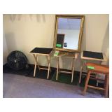 Fan, mirror with plastic frame, three TV tables Fan, mirror with plastic frame, three TV tables