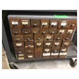 Wood front drawer parts bins antique