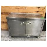Stainless steel two door cabinet on wheels has Stainless steel two door cabinet on wheels has