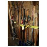 ASSORTED BROOMS, RAKES, SHOVELS