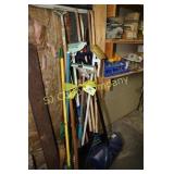 ASSORTED MOPS, RAKES, SHOVELS